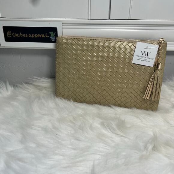 New Women’s Virginia Wolf Contemporary Woven Faux Leather Metallic Gold Clutch - Picture 1 of 5